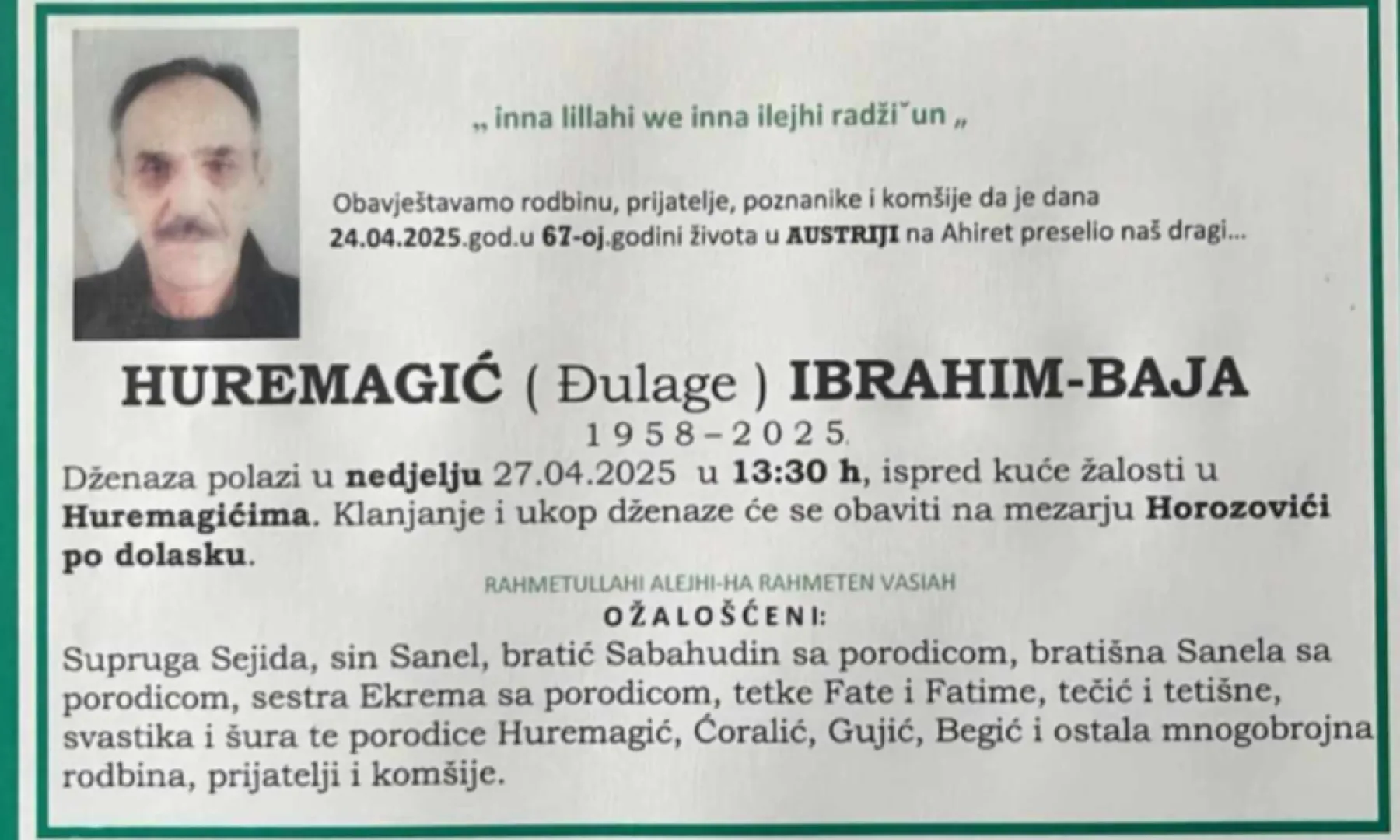 Na ahiret preselio Huremagić (Đulage) Ibrahim – Baja