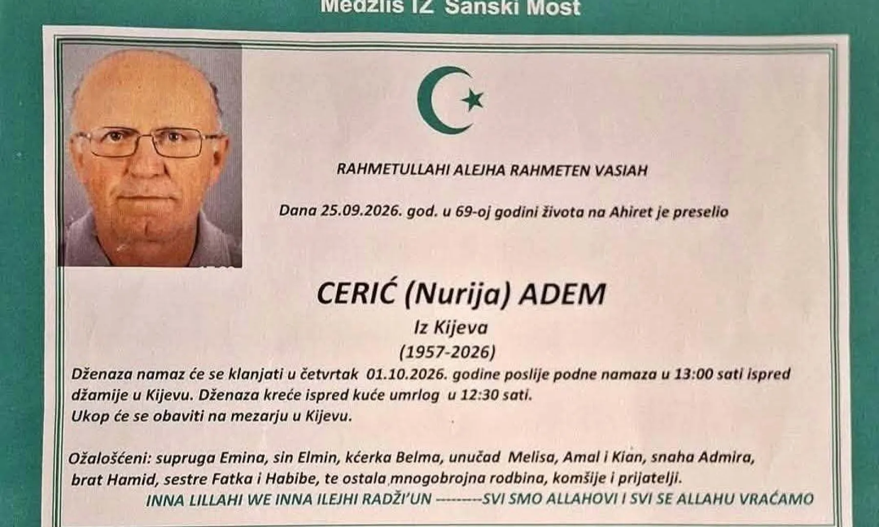 S tugom obavještavamo: Na Ahiret preselio CERIĆ (Nurija) ADEM iz Kijeva