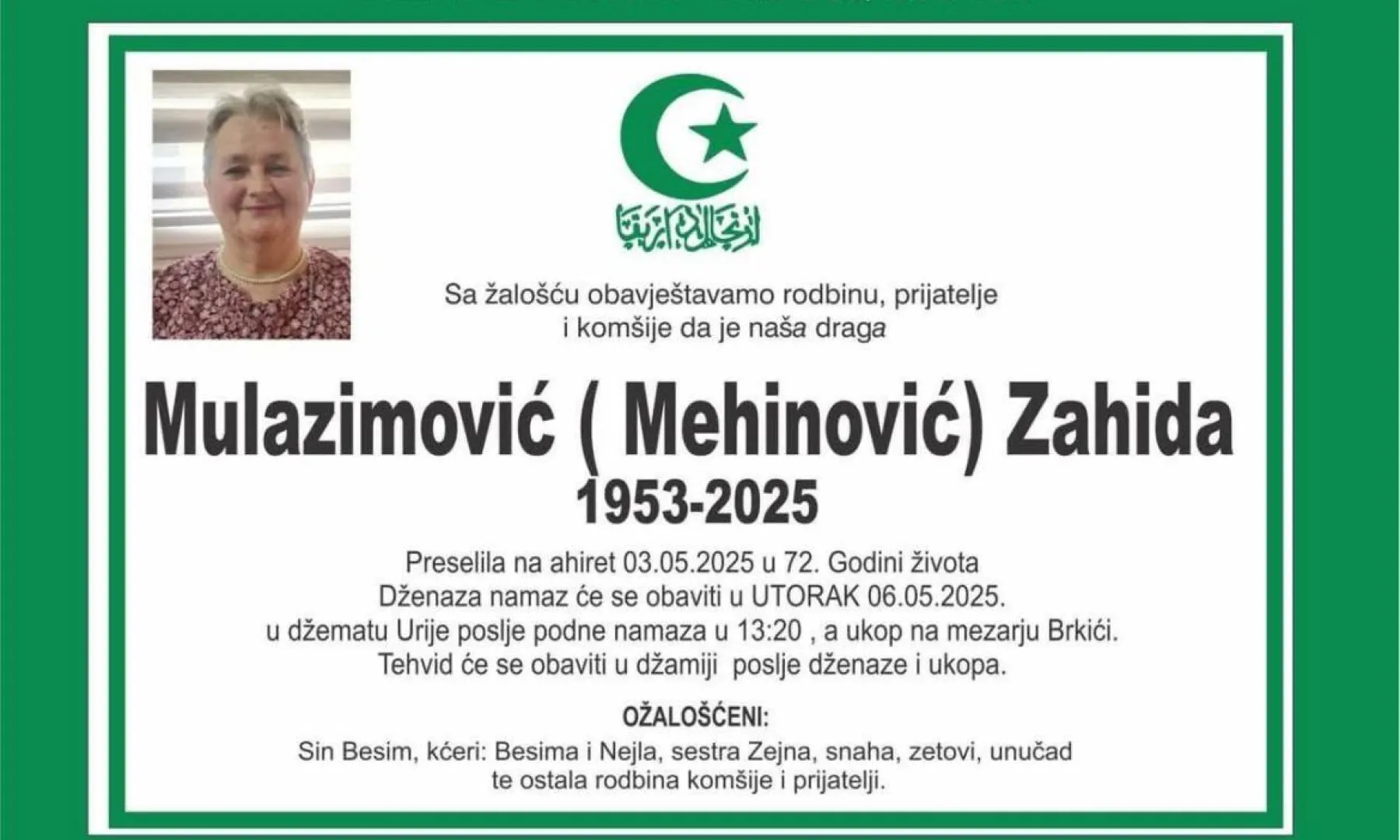 Na ahiret preselila MULAZIMOVIĆ (Mehinović) ZAHIDA