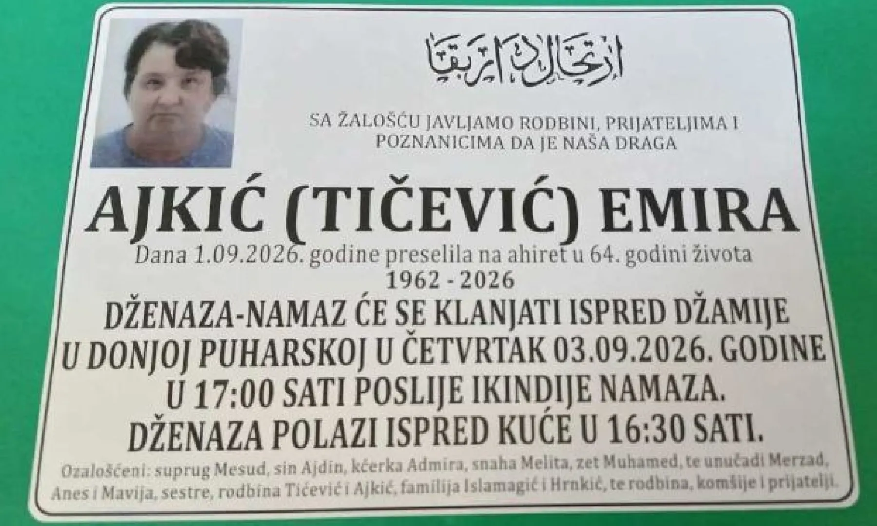 S tugom obavještavamo: Na Ahiret preselila Ajkić (Tićević) Emira