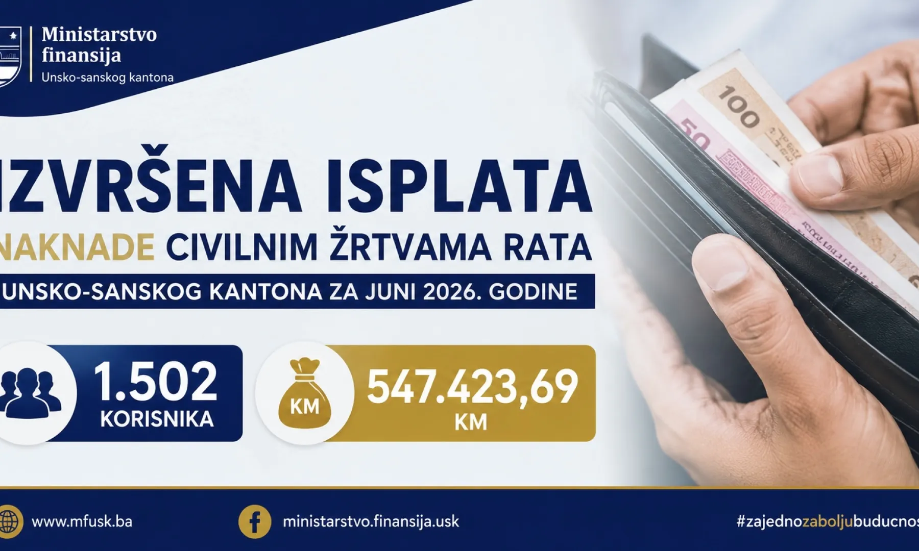 Ministarstvo finansija USK realizovalo isplatu naknada civilnim žrtvama rata za juni 2026. godine
