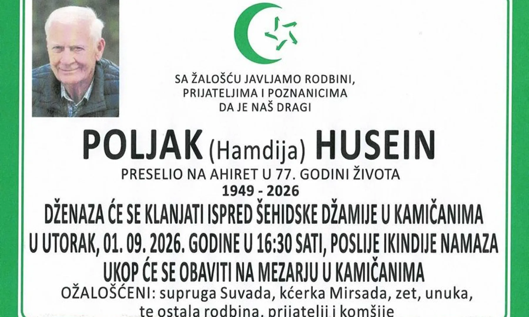 S tugom obavještavamo: Na Ahiret preselio Poljak (Hamdija) Husein