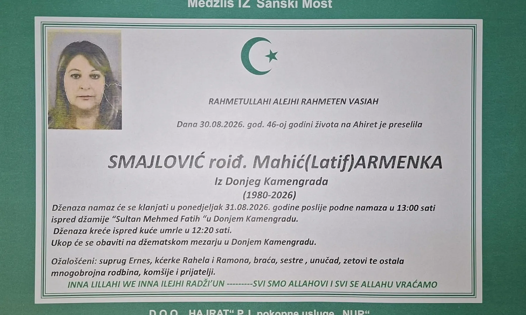 S tugom obavještavamo: Na Ahiret preselila Smajlović rođ. Mahić (Latif) Armenka