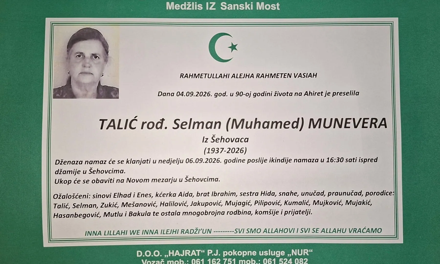 S tugom obavještavamo: Na Ahiret preselila Talić rođ. Selman Munevera