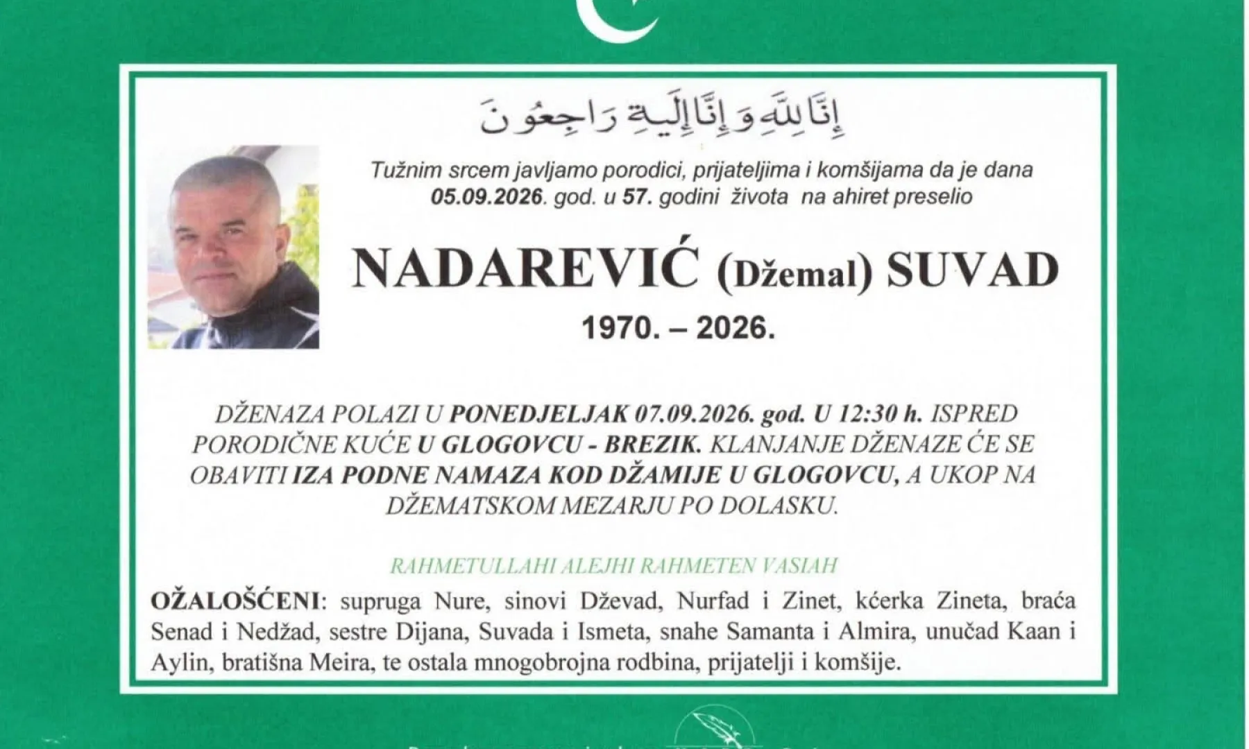 S tugom obavještavamo: Na Ahiret preselio Nadarević (Džemal) Suvad