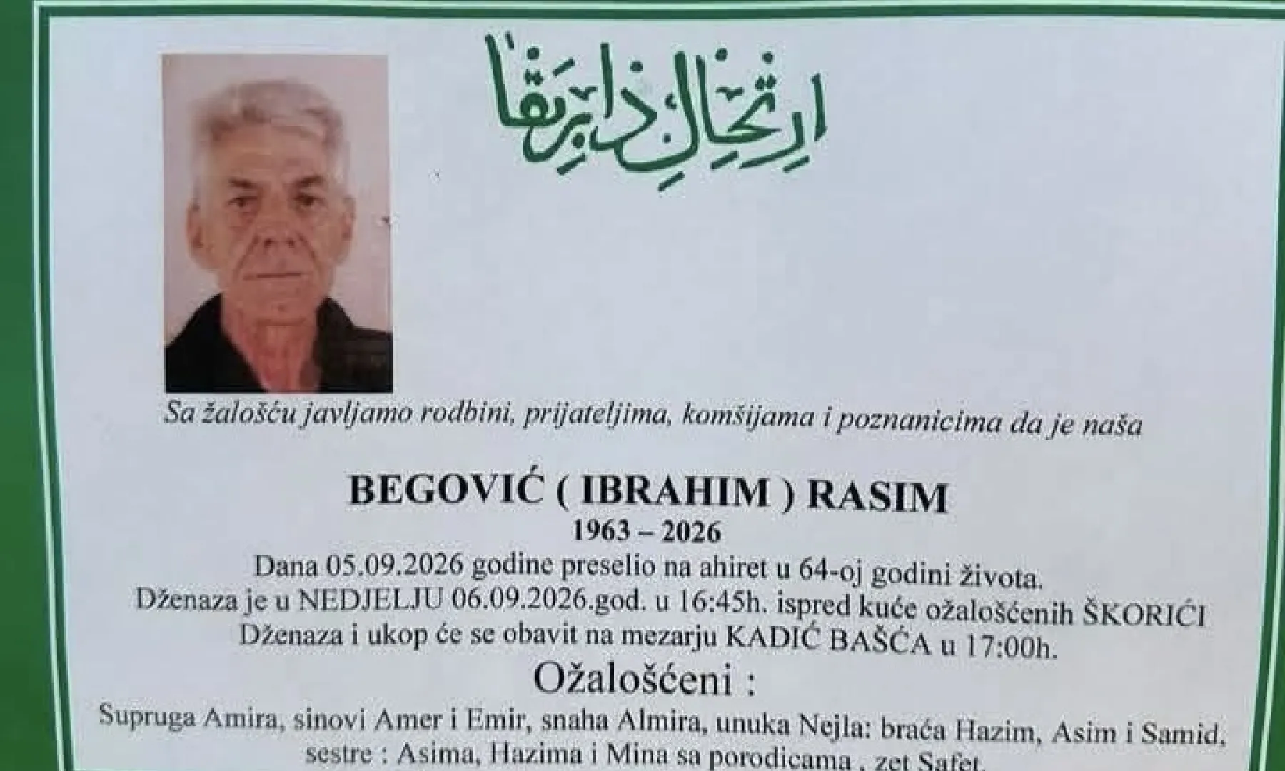S tugom obavještavamo: Na Ahiret preselio Begović (Ibrahim) Rasim
