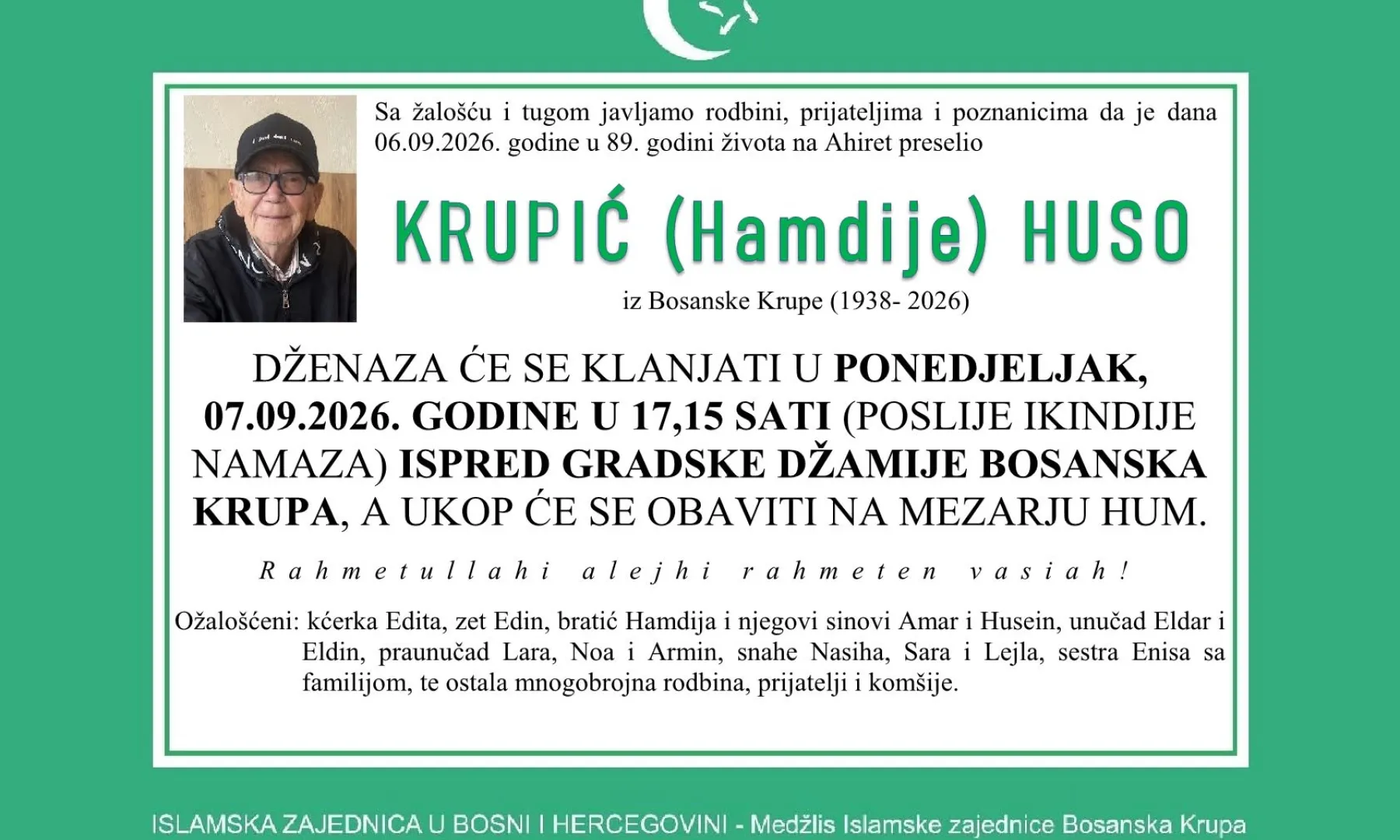 S tugom obavještavamo: Na Ahiret preselio Krupić (Hamdije) Huso