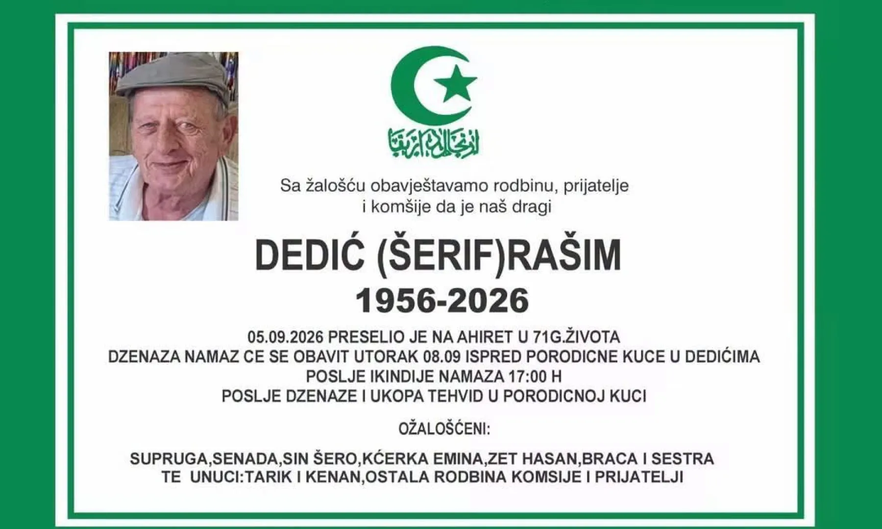 S tugom obavještavamo: Na Ahiret preselio Dedić (Šerif) Rašim