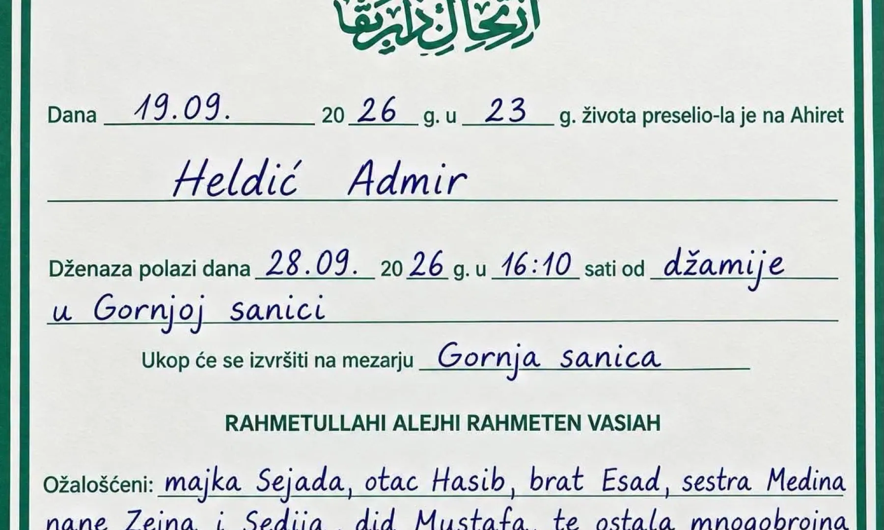 S tugom obavještavamo: Na Ahiret preselio Heldić Admir