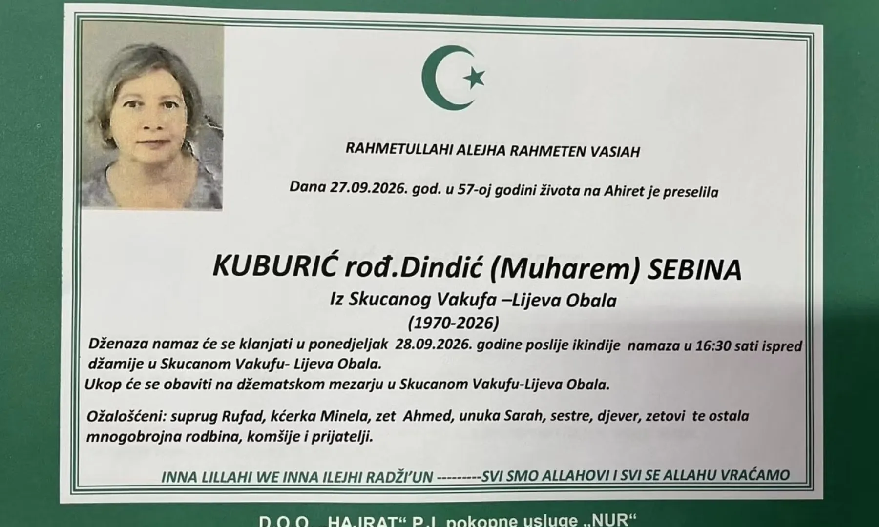 S tugom obavještavamo: Na Ahiret preselila Kuburić rođ. Dindić (Muharem) Sebina