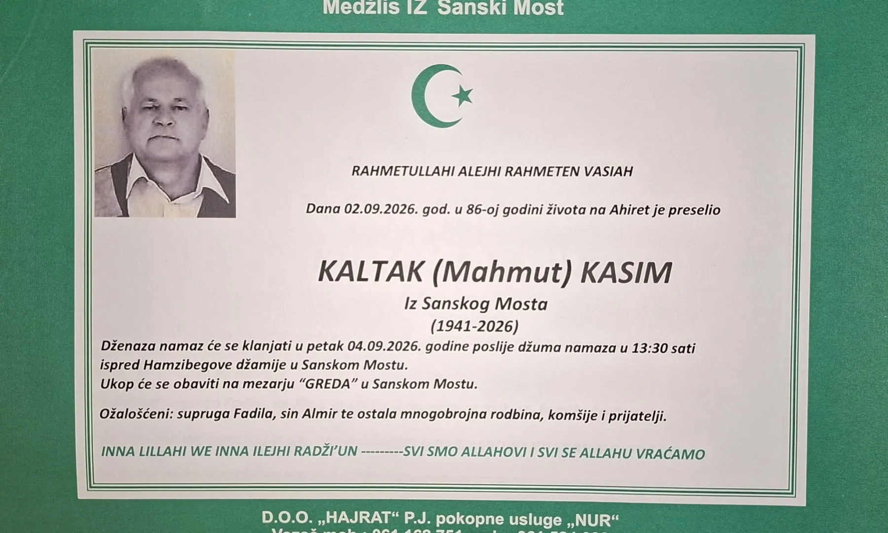 S tugom obavještavamo: Na Ahiret preselio Kaltak (Mahmut) Kasim