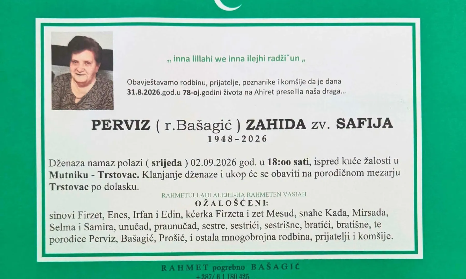 S tugom obavještavamo: Na Ahiret preselila Perviz (r. Bašagić) Zahida zv. Safija