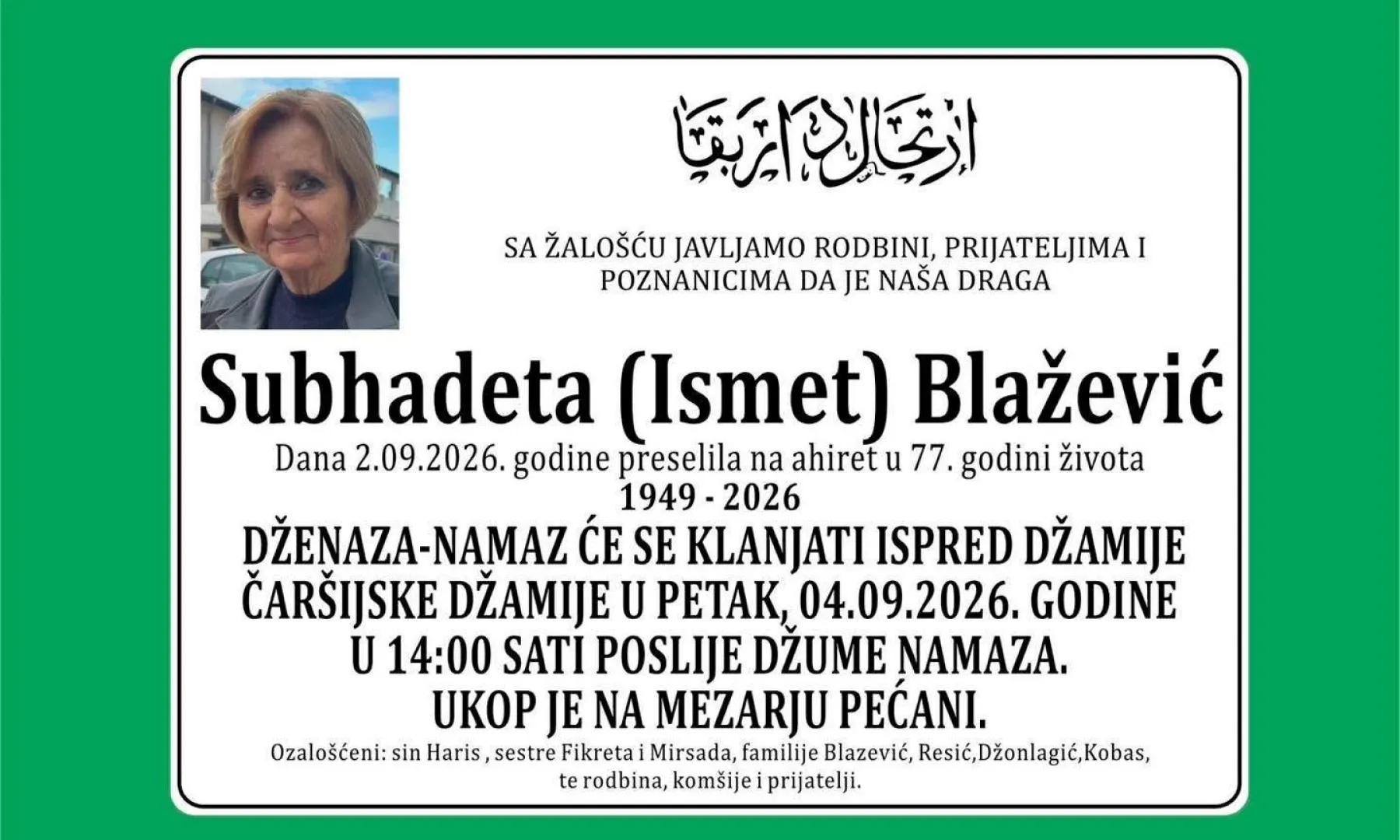 S tugom obavještavamo: Na Ahiret preselila Subhadeta (Ismet) Blažević