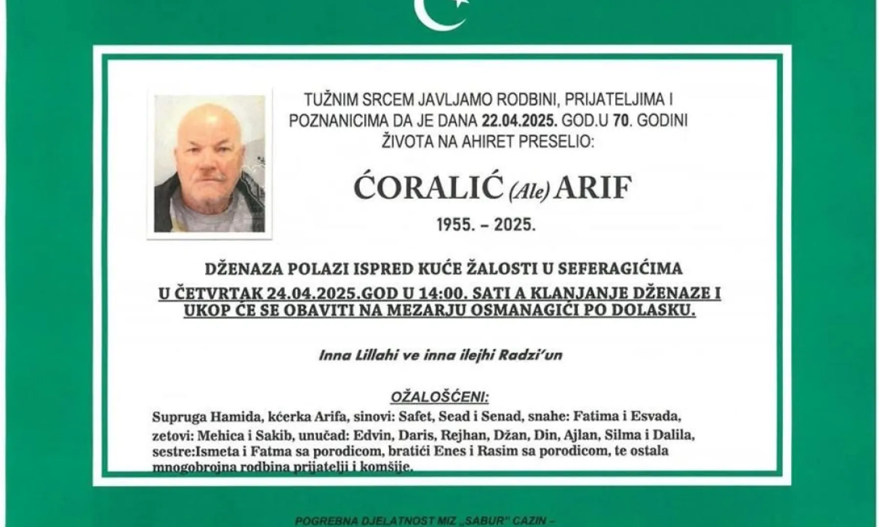 Na Ahiret preselio Ćoralić (Ale) Arif