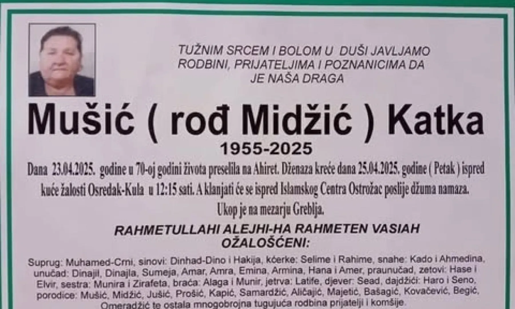 Na Ahiret preselila Mušić (rođ Midžić) Katka