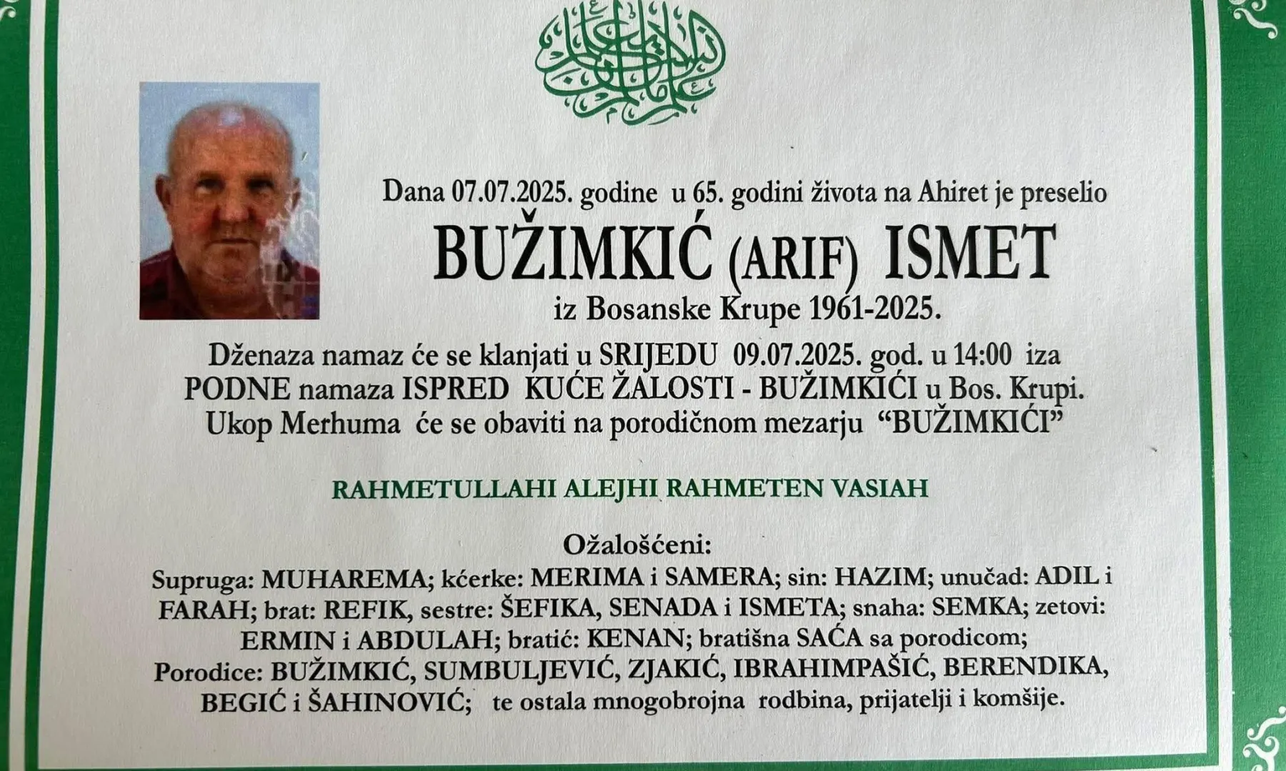 Na Ahiret preselio Bužimkić (Arif) Ismet | Cazin.NET