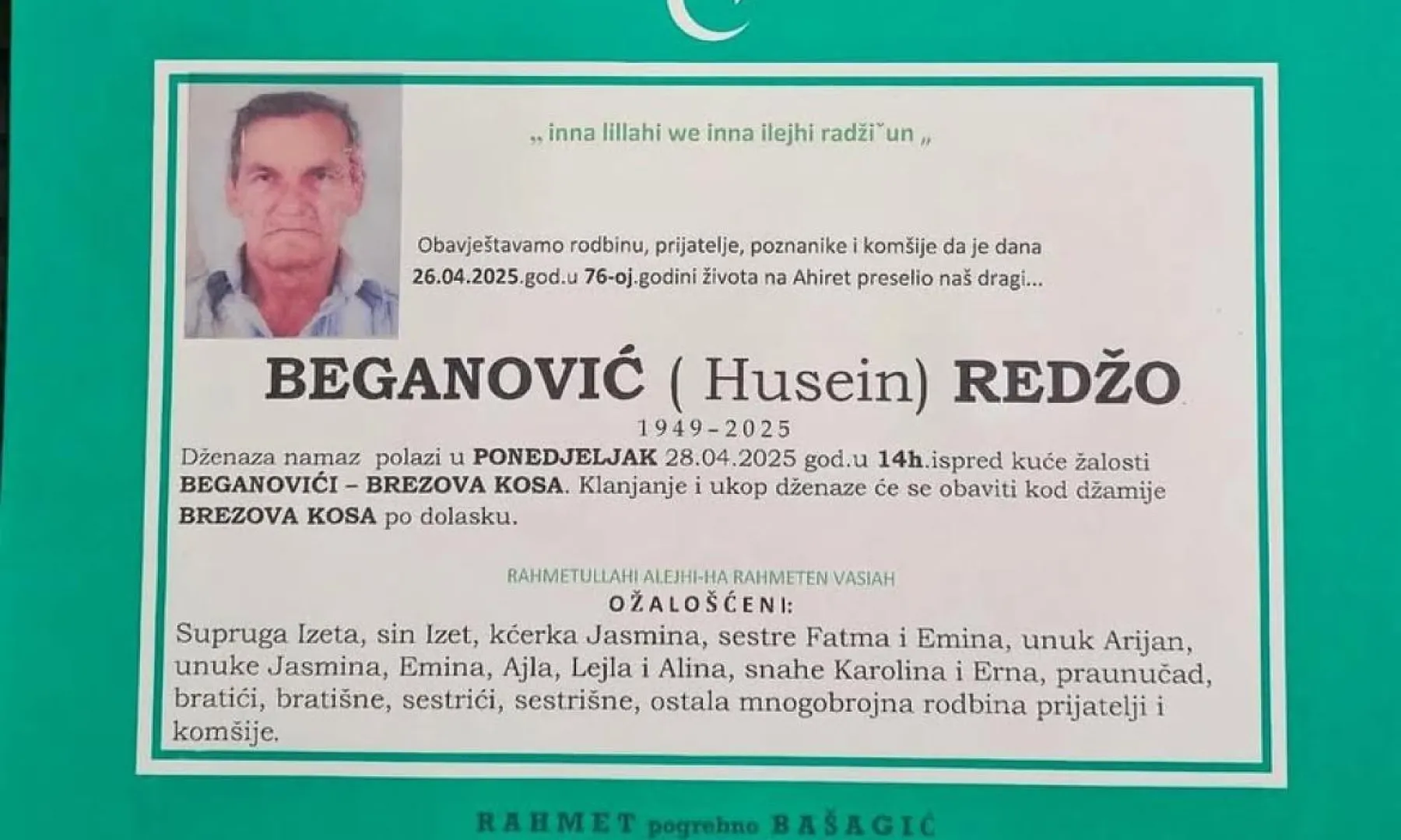 Na ahiret preselio Beganović (Husein) Redžo