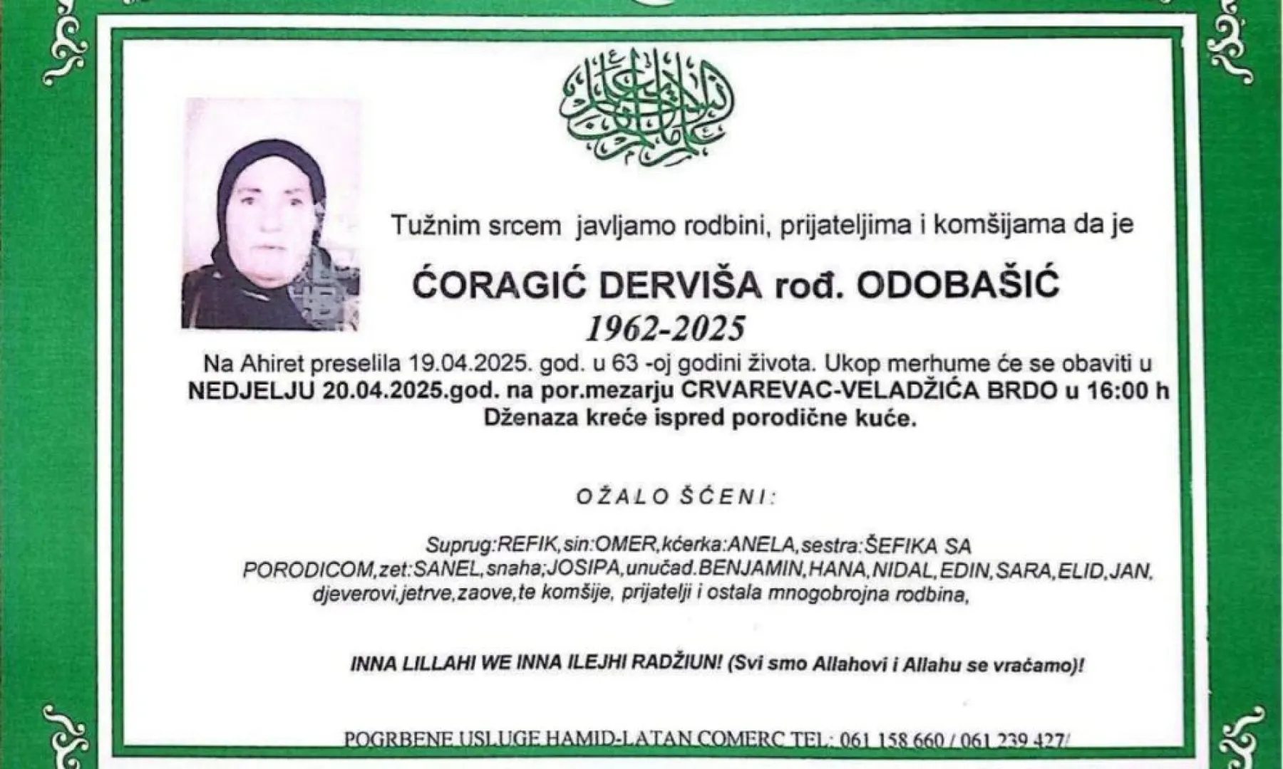 Na ahiret preselila Ćoragić (rođ. Odobašić) Derviša