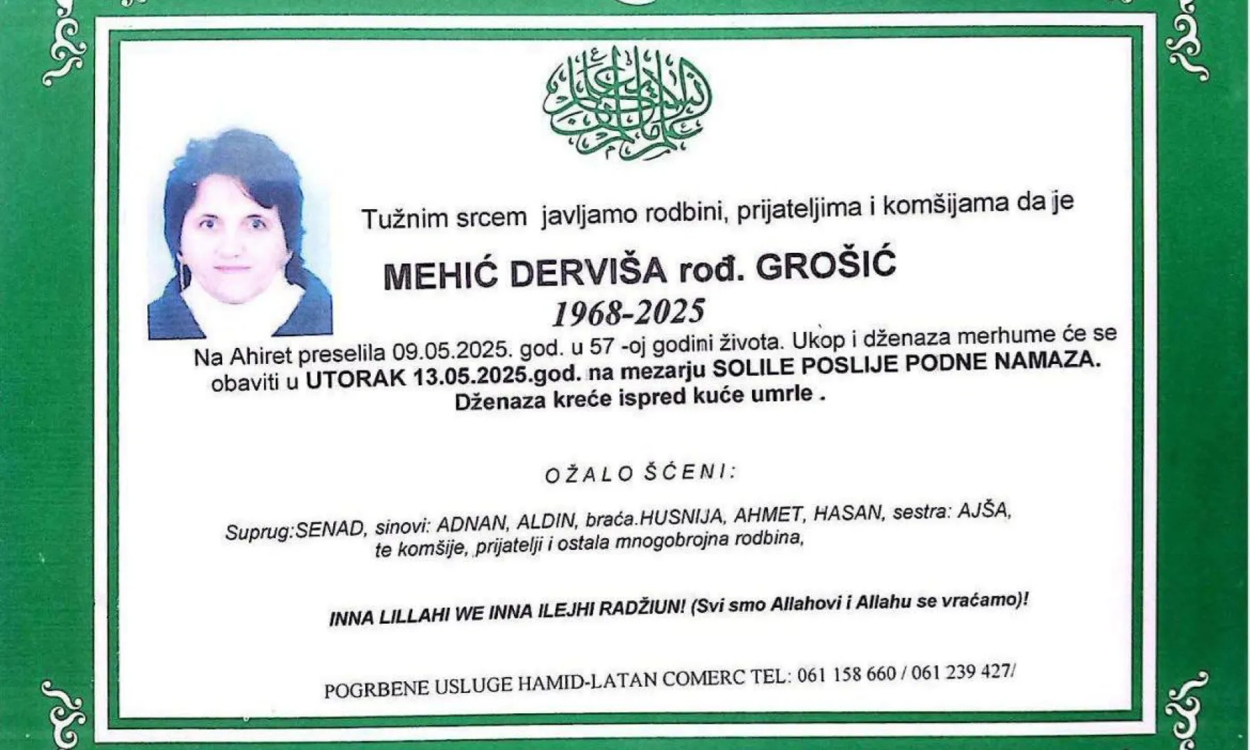 Na Ahiret preselila Mehić Derviša rođ. Grošić