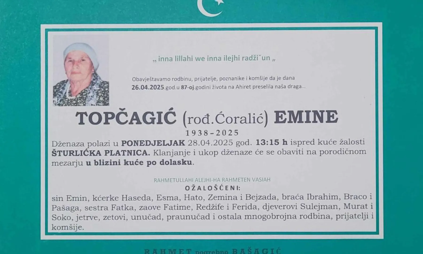Na ahiret preselila TOPČAGIĆ (rođ. Ćoralić) EMINE