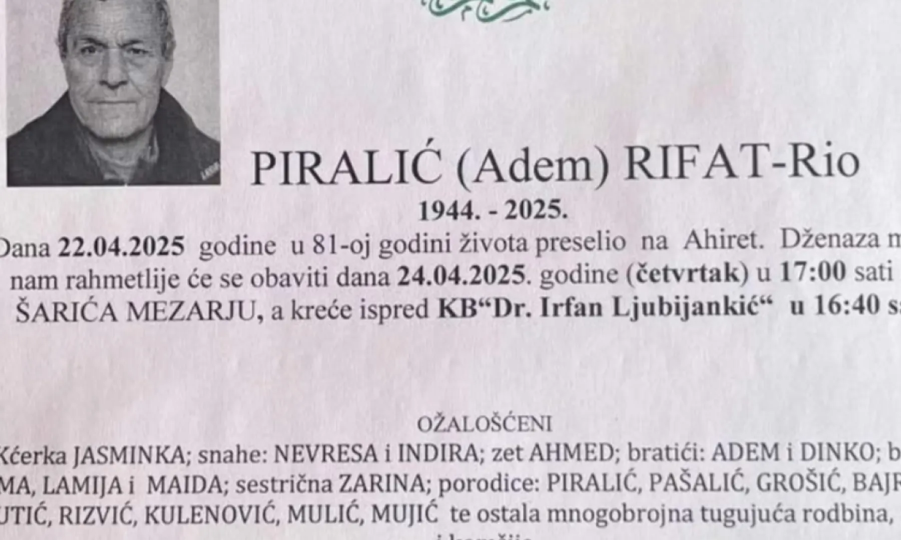 Na ahiret preselio Piralić (Adem) Rifat – Rio