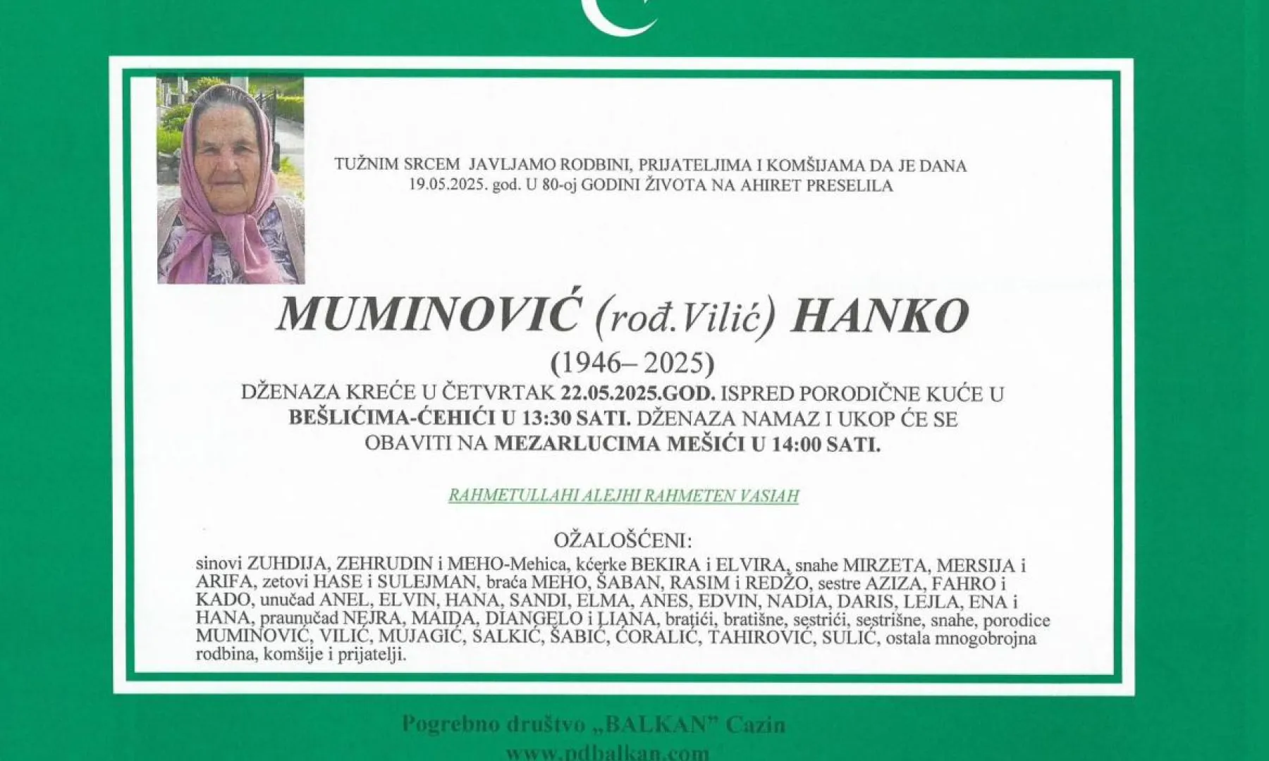 Na ahiret preselila MUMINOVIĆ (rođ. Vilić) HANKO
