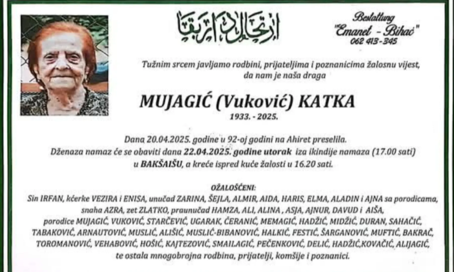 Na ahiret preselila Mujagić (Vuković) Katka