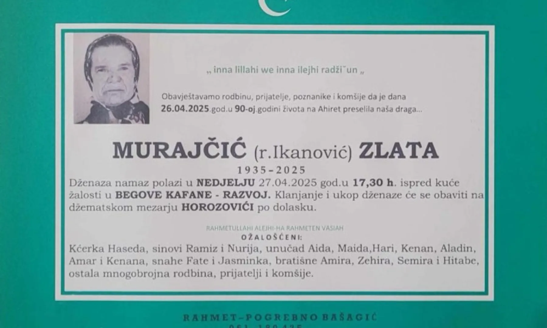 Na ahiret preselila Murajčić (r. Ikanović) Zlata