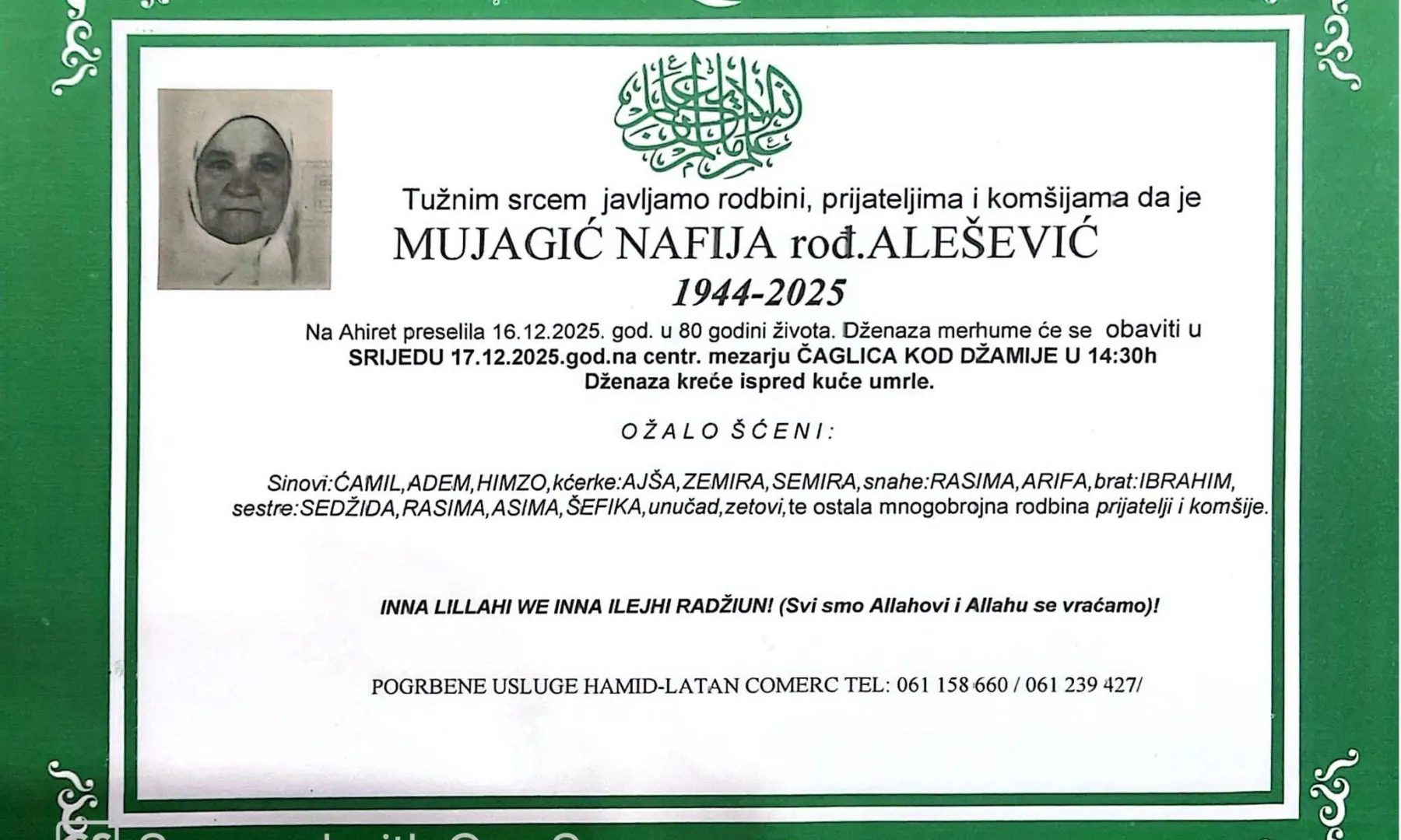 Na Ahiret preselila Mujagić Nafija, rođ. Alešević | Cazin.NET