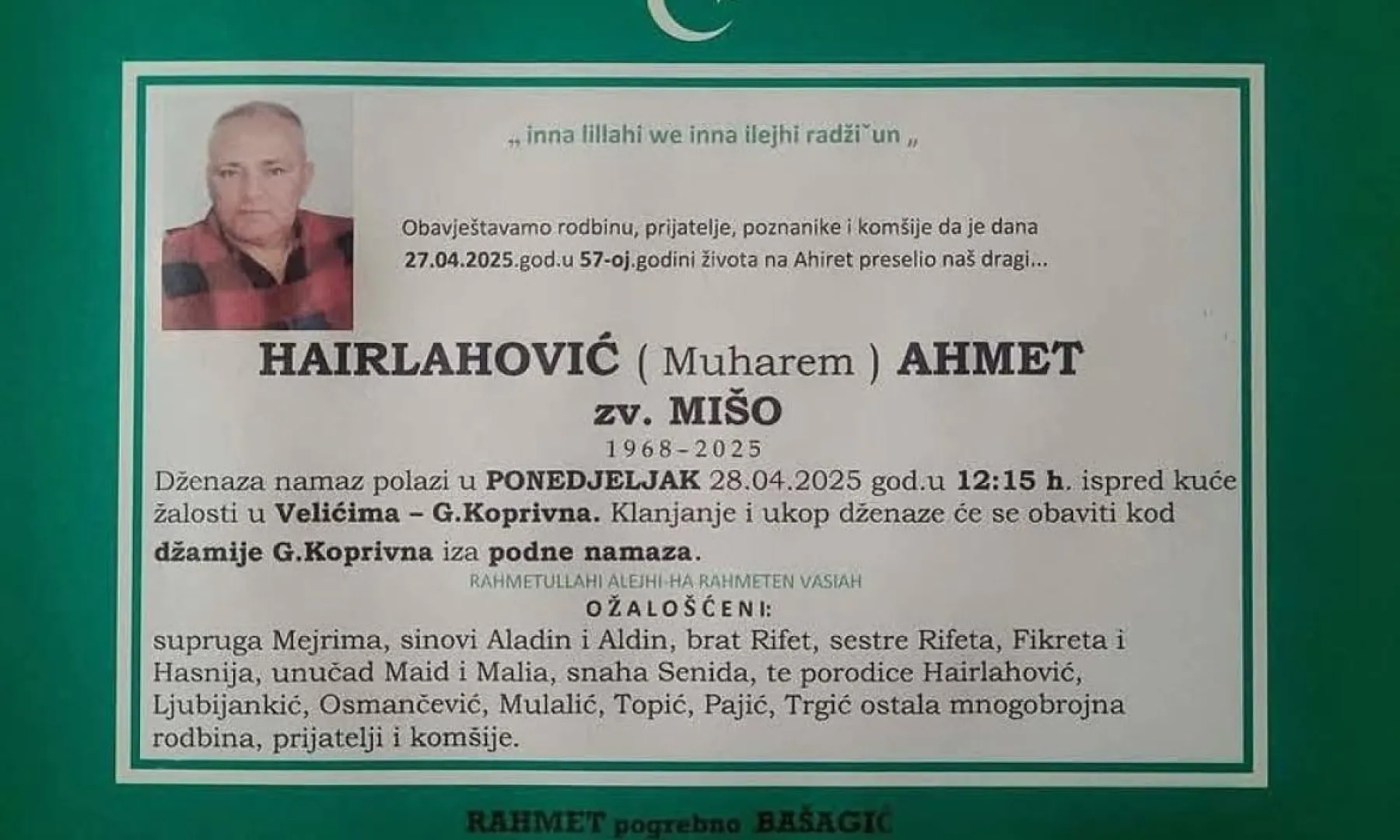 Na ahiret preselio Hairlahović (Muharem) Ahmet zv. MIŠO