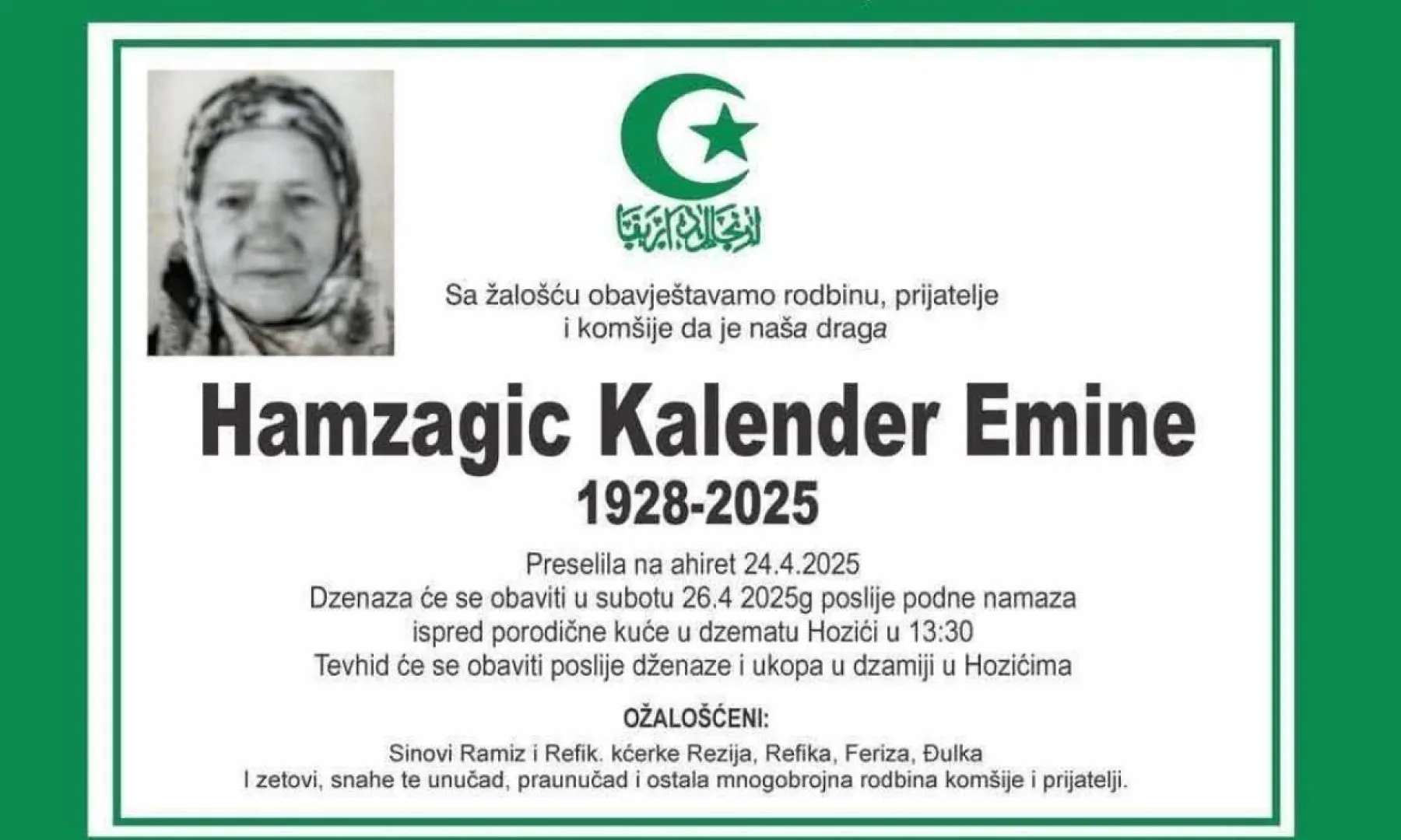 Na ahiret preselila Hamzagić Kalender Emine