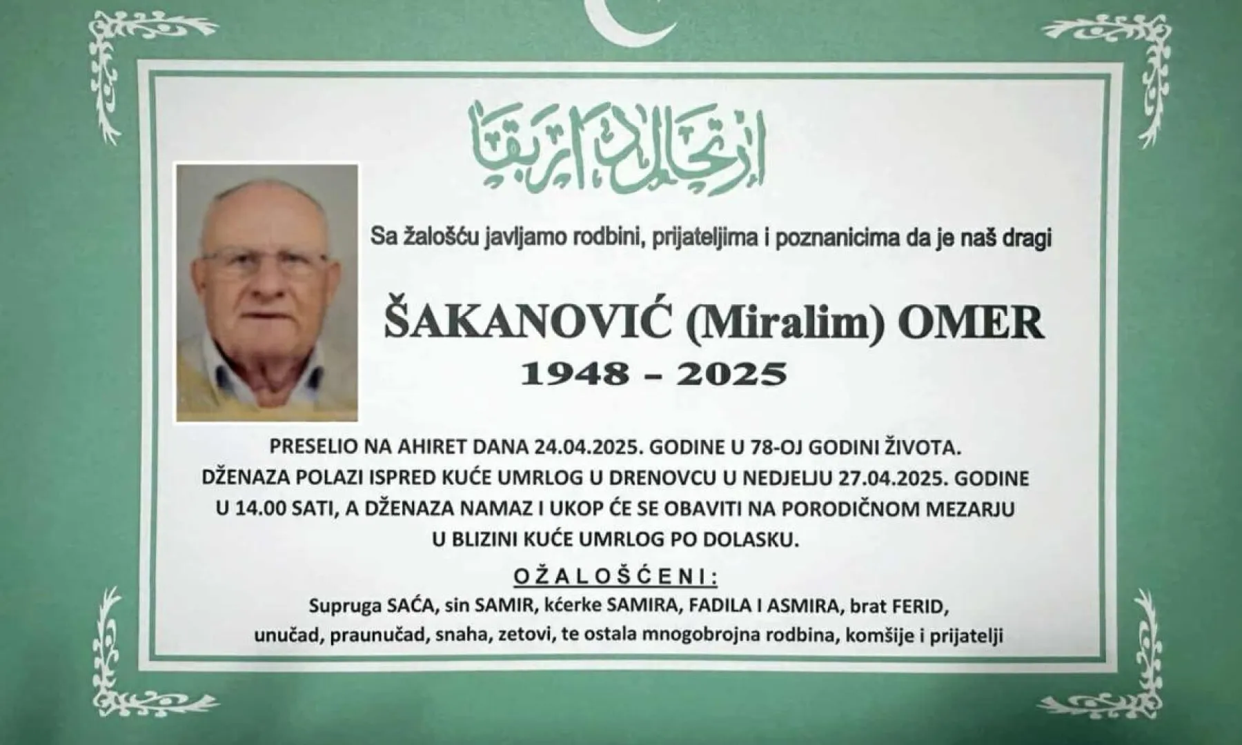 Na ahiret preselio Šakanović (Miralem) Omer