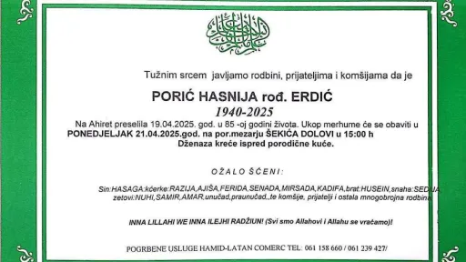 Na ahiret preselila Porić Hasnija rođ. Erdić