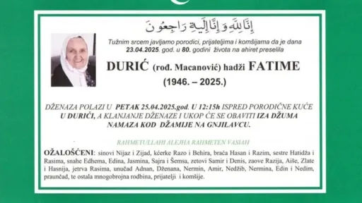 Na Ahiret preselila Durić (rođ. Macanović) hadži Fatime