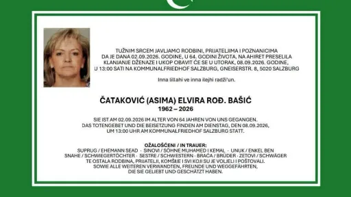 S tugom obavje&scaron;tavamo: Na Ahiret preselila Čataković (Asima) Elvira rođ. Ba&scaron;ić