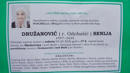 S tugom obavje&scaron;tavamo: Na Ahiret preselila Družanović (r. Odoba&scaron;ić) Seniya