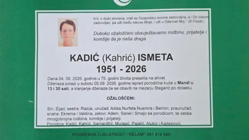 S tugom obavje&scaron;tavamo: Na Ahiret preselila KADIĆ (Kahrić) ISMETA