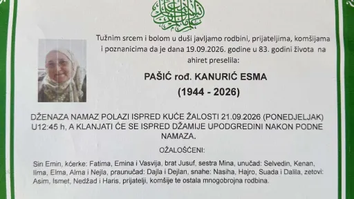S tugom obavje&scaron;tavamo: Na Ahiret preselila Pa&scaron;ić rođ. Kanurić Esma
