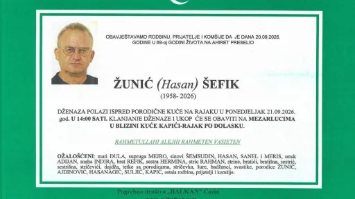 S tugom obavještavamo: Na Ahiret preselio Žunić (Hasan) Šefik