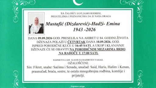 S tugom obavještavamo: Na Ahiret preselila Mustafić (Dizdarević) Hadži Emina