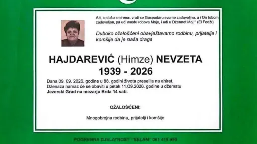 S tugom obavještavamo: Na Ahiret preselila Hajdarević (Himze) Nevzeta