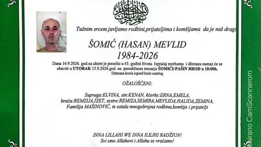 S tugom obavje&scaron;tavamo: Na Ahiret preselio &Scaron;OMIĆ (HASAN) MEVLID