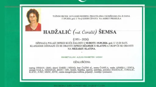 Na Ahiret preselila Hadžalić (rođ. Ćoralić) &Scaron;emsa