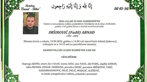 S tugom obavje&scaron;tavamo: Na Ahiret preselio Im&scaron;irović (Fadil) Arnad