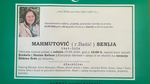 S tugom obavještavamo: Na Ahiret preselila Mahmutović (r. Bašić) Senija