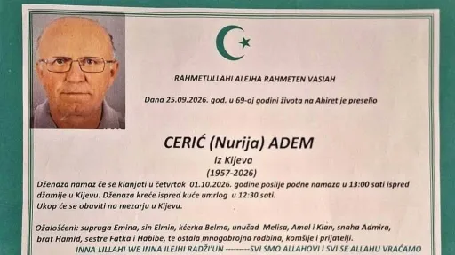 S tugom obavještavamo: Na Ahiret preselio CERIĆ (Nurija) ADEM iz Kijeva