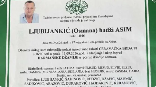 S tugom obavještavamo: Na Ahiret preselio Ljubijankić (Osmana) hadži Asim