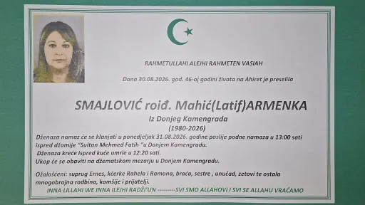S tugom obavje&scaron;tavamo: Na Ahiret preselila Smajlović rođ. Mahić (Latif) Armenka