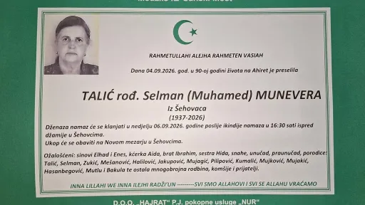 S tugom obavje&scaron;tavamo: Na Ahiret preselila Talić rođ. Selman Munevera