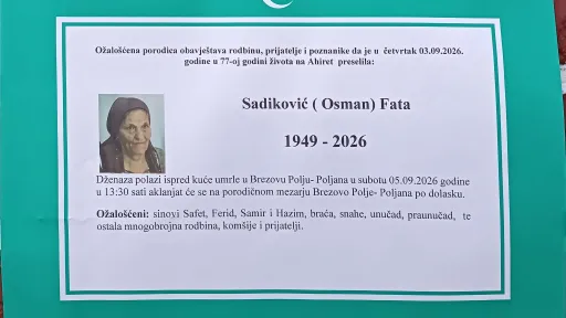 S tugom obavje&scaron;tavamo: Na Ahiret preselila Sadiković (Osman) Fata